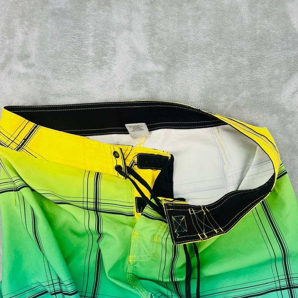Hang‎ Ten Mens Board Shorts Size 32 Ombre Plaid Yellow Green Blue Swim Trunks